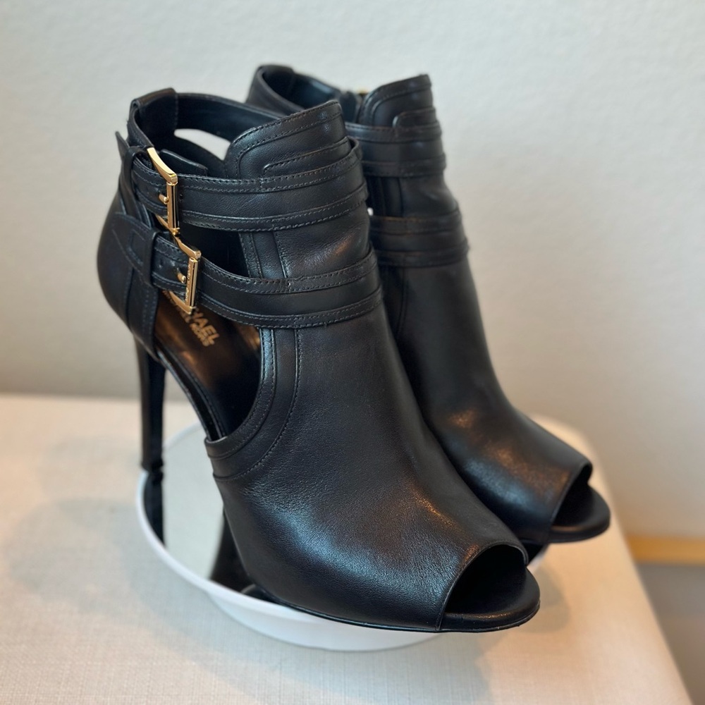 Michael Kors Black Peep-Toe Heels with Gold Buckles - Picture 2 of 2